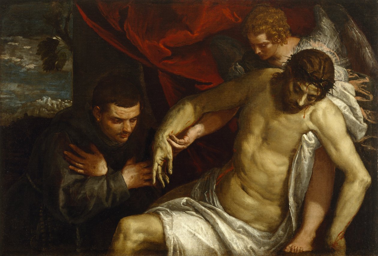 A halott Krisztus, akit egy angyal támogat és egy ferences imádott, 1586-87 alkotó: Paolo Veronese