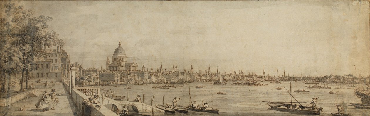A Temze és a londoni város a Somerset House teraszáról (toll és barna tinta szürke mosással a papíron) alkotó: Giovanni Antonio Canal