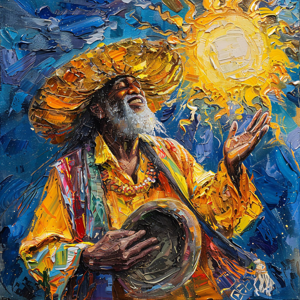 Boldog mexikói férfi kalapos tánc, van Gogh ecsetvonásokkal stílusú festmény alkotó: F. Abderrahim