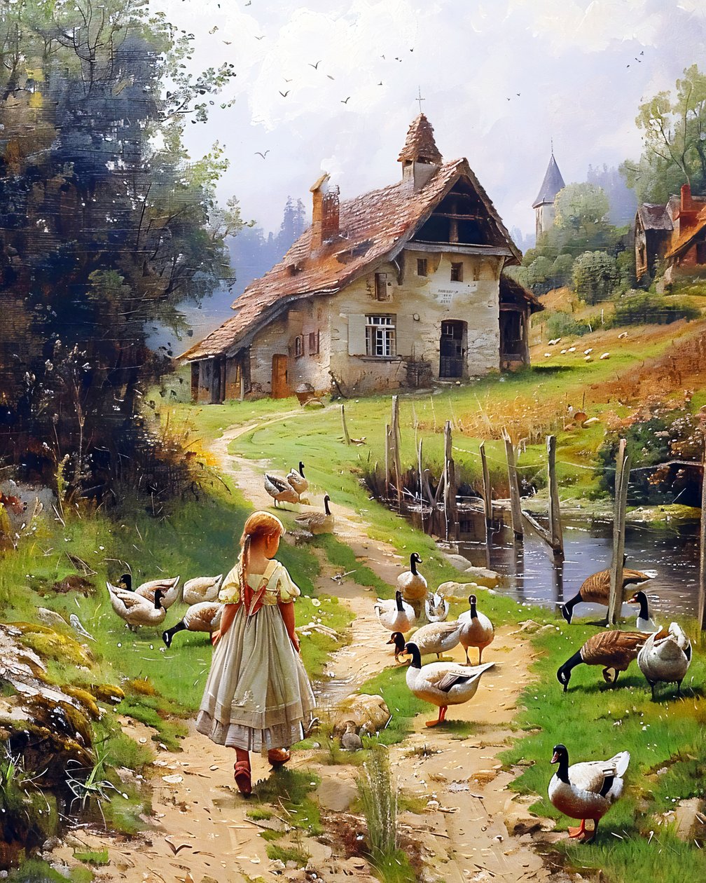 Lány és baromfi a régi európai táj Berkshire Homestead stílusú művészeti nyomatok alkotó: F. Abderrahim