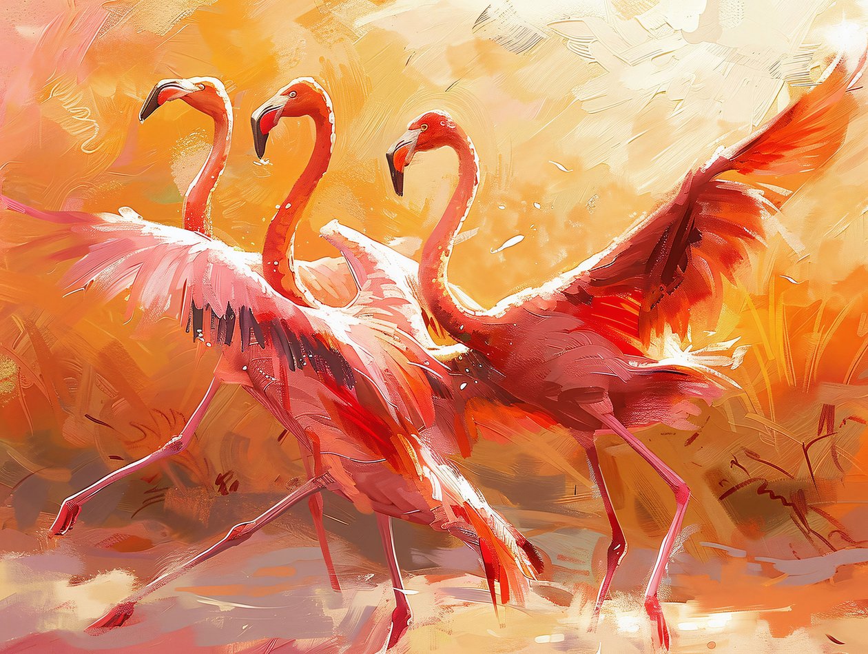 Absztrakt festmény flamingók táncolnak, vászon nyomatok és fali szobadíszek alkotó: F. Abderrahim