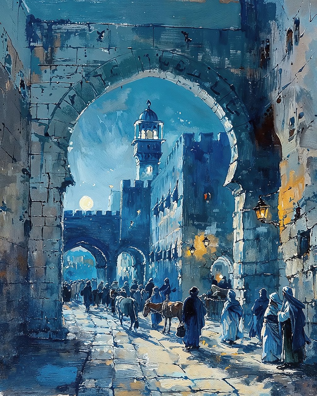 Egy arab városkapu és egy középkori piac, Damaszkusz vászon nyomatok alkotó: F. Abderrahim