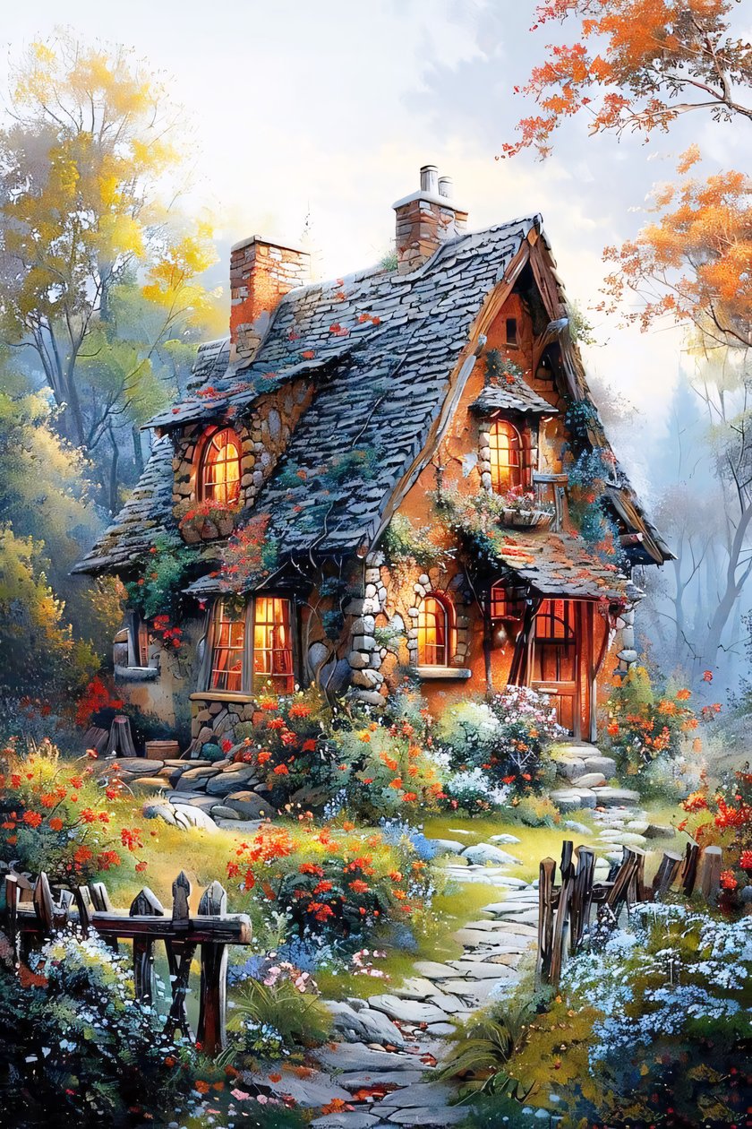 Tájkép festmény vászonra, Farm House festmény, természet fali dekoráció alkotó: F. Abderrahim