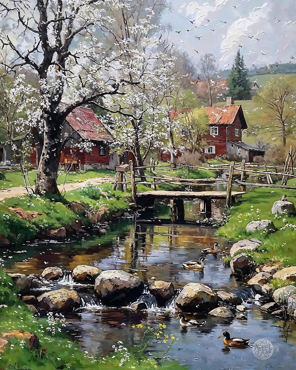 The Mill Cottage tavasszal, olaj, vászon Board, keretezett fali dekoráció alkotó: F. Abderrahim