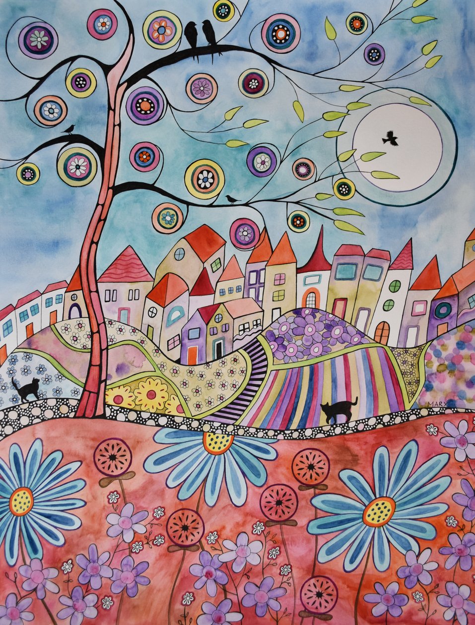 Falu a piros rét mögött alkotó: Marys Watercolors