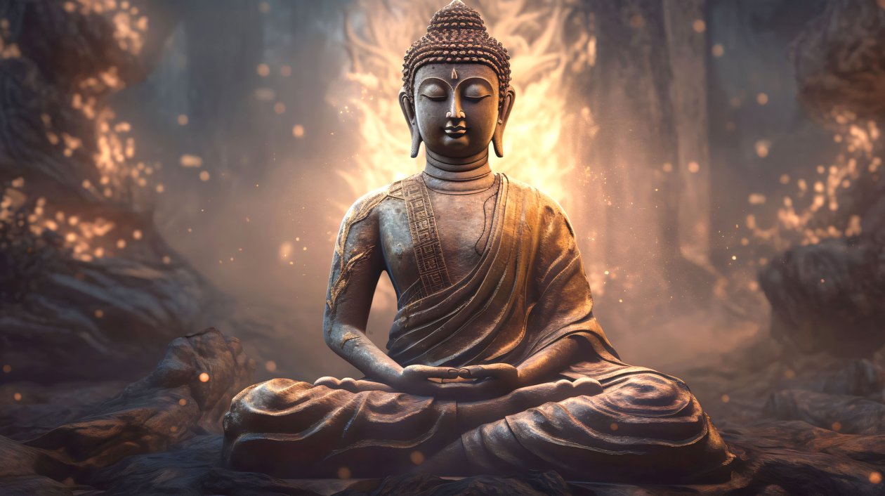 Realisztikus Buddha portré ülve, békés meditáció, spirituális fali dekoráció otthonra alkotó: F. Abderrahim