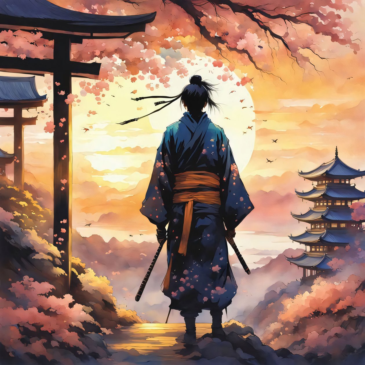 Japán szamuráj, egy templomban egy hegyen, rózsaszín színek, egyéni vászon nyomatok alkotó: F. Abderrahim