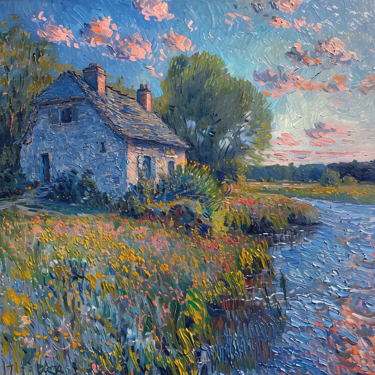 Tájkép és víz festmény, Monet impresszionizmus stílus, Fali dekoráció eladó alkotó: F. Abderrahim