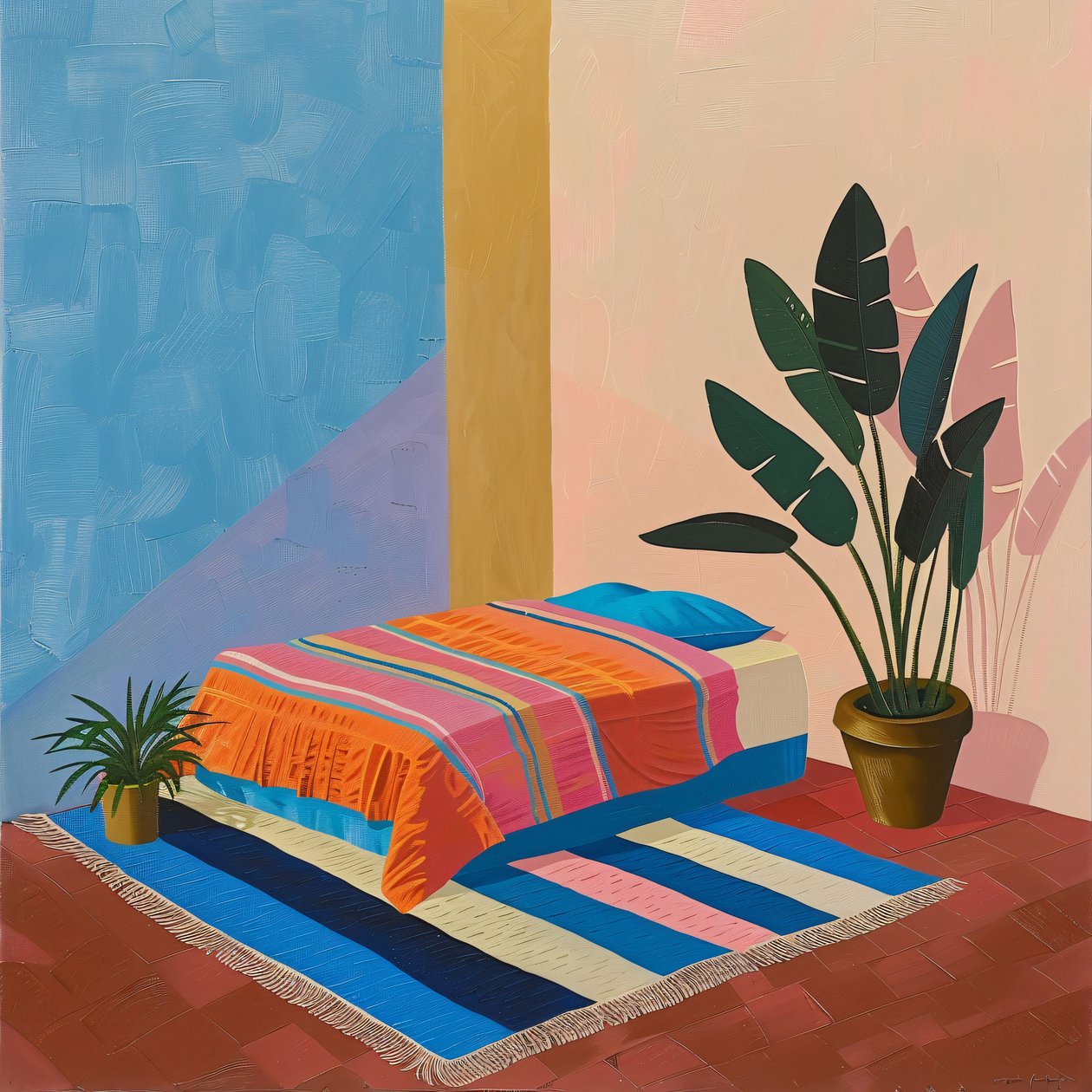 Minimalista mexikói ágy egy David Hockney stílusban, faliképek igény szerint nyomtatva alkotó: F. Abderrahim