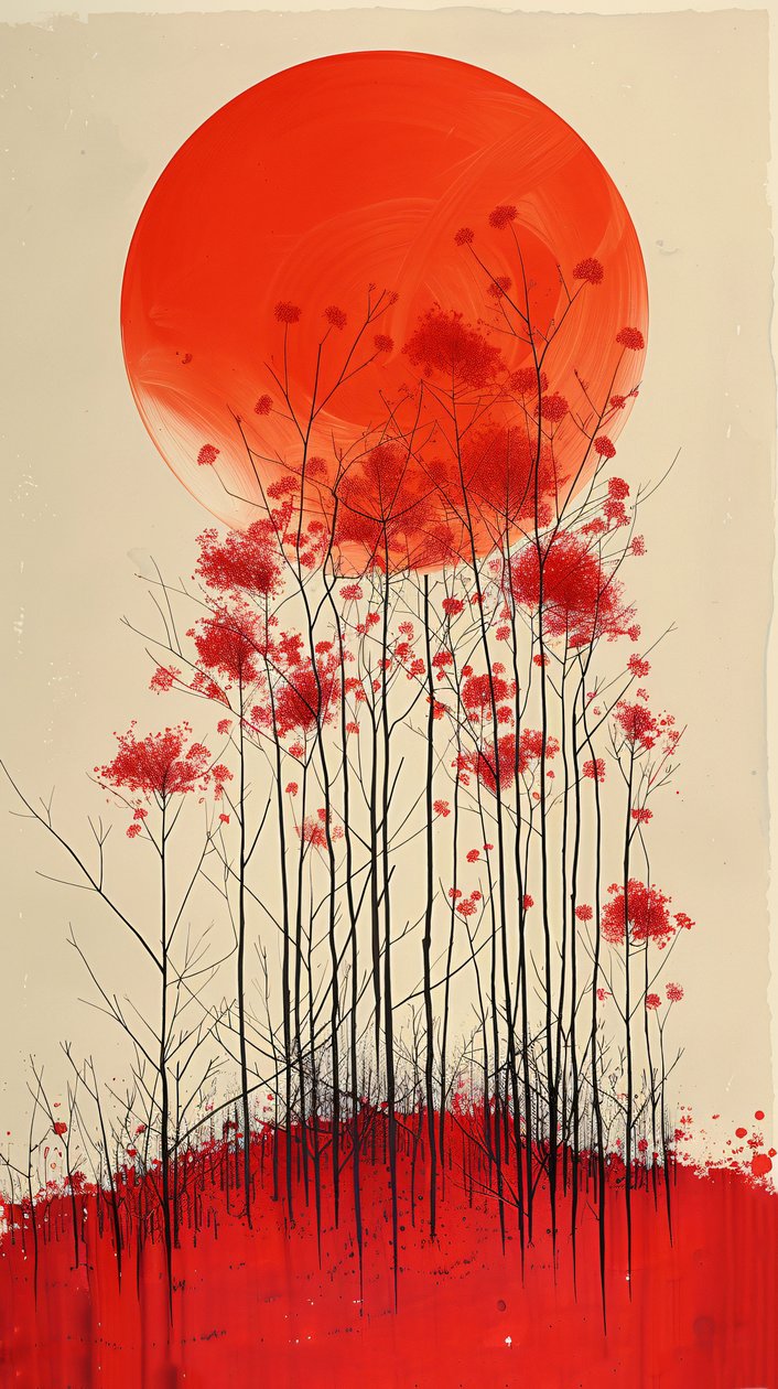 Sunset on a hill of red flowers painting, vertical wall Decor eladó alkotó: F. Abderrahim