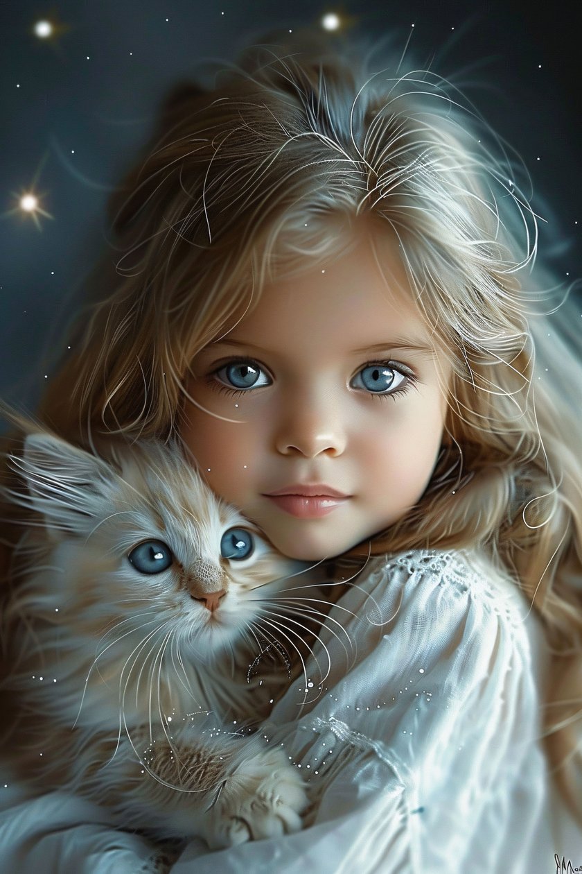 A lány és a macskája A Bond of Big Blue Eyes és a szerelem, keret fali dekoráció nyomatok alkotó: F. Abderrahim