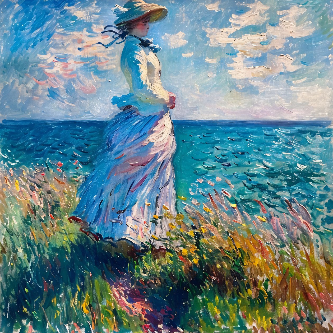 Fiatal nő ruhában a természetben, a tengerparton állva, Monet stílusban alkotó: F. Abderrahim