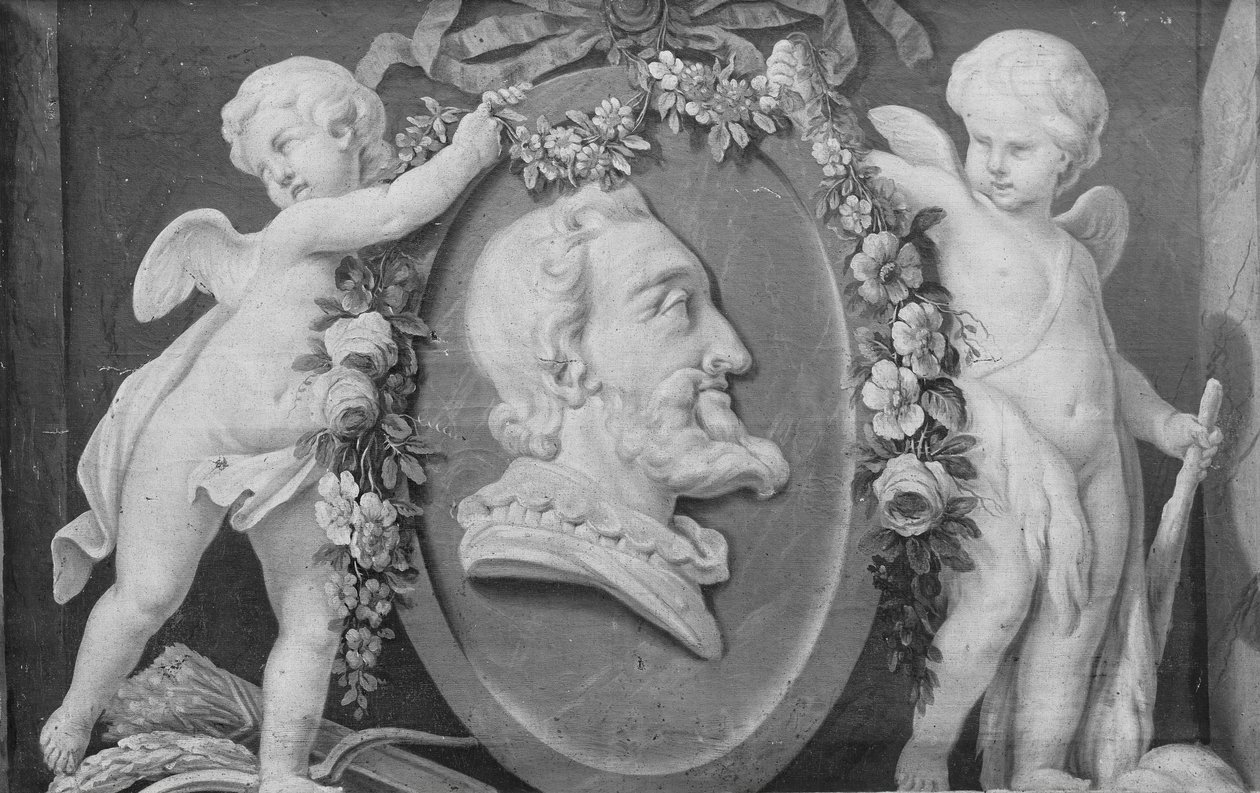 IV. Henrik mellszobra ovális medálban, kék alapon, két kupidóval megtámasztva, 18. század. alkotó: 18th century . French Painter