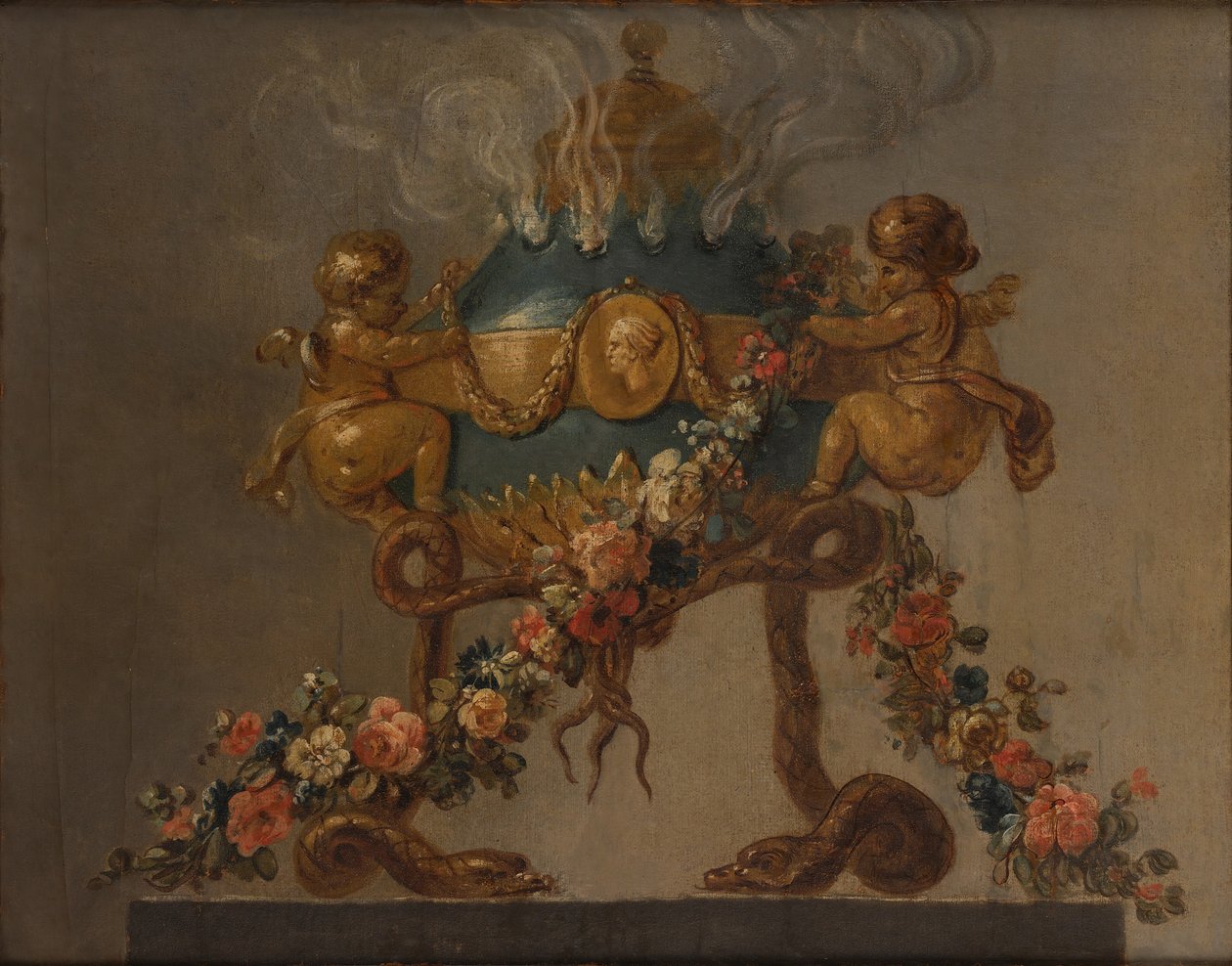 Amorinivel és kígyóval megtámasztott, virágfüzérrel díszített parfümégő, 18. század. alkotó: 18th century . French Painter