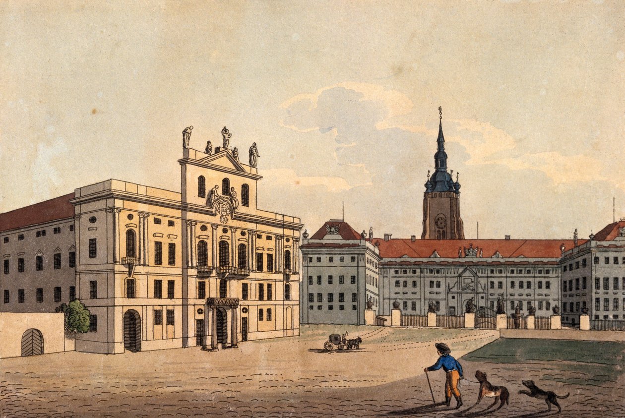 Az érseki palota és a prágai vár 1. udvara, 1810 körül (színes metszet) alkotó: A. and Berka, Johann Gustav