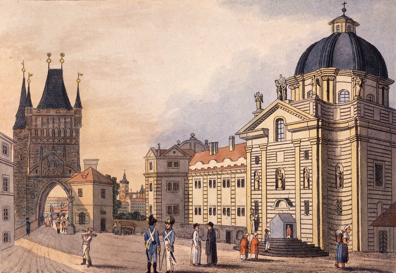 Krizovnicke namesti (Keresztes lovagok tere), Prága, 1810 körül (színes metszet) alkotó: A. & Berka, Johann Gustav