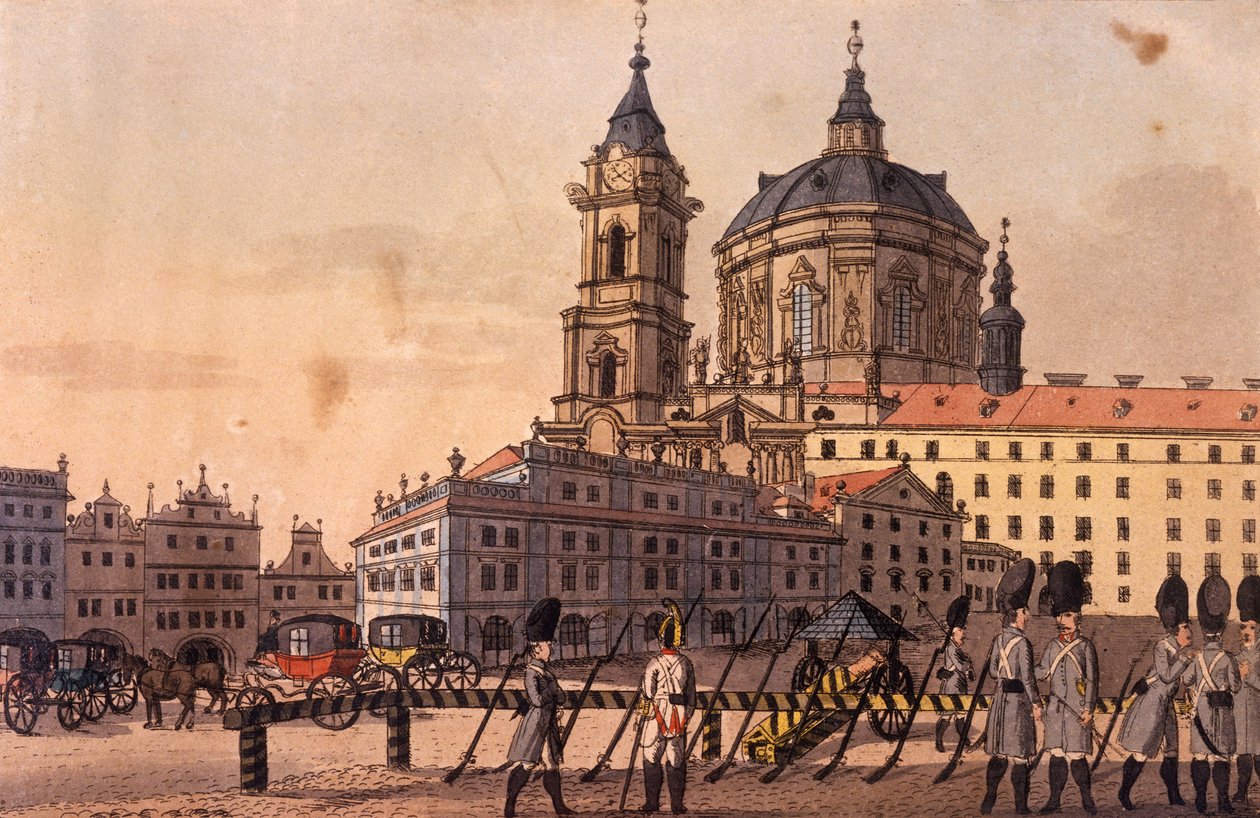 Malostranské (Kis Negyed) tér (alsó rész), 1810 körül (színes rézkarc) alkotó: A. and Berka, Johann Gustav