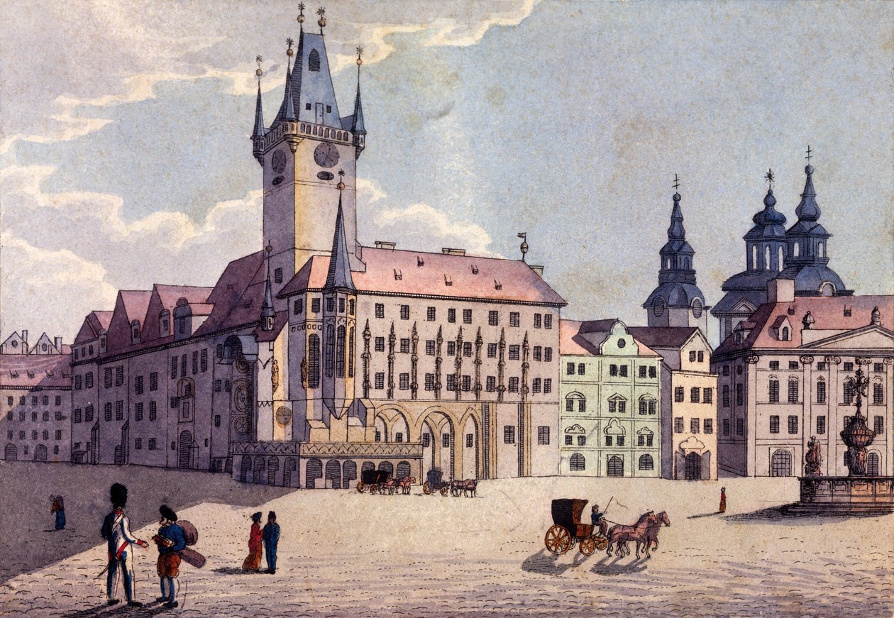 Óváros tér a Celetná utcából, Prága, 1810 körül (színes rézkarc) alkotó: A. and Berka, Johann Gustav