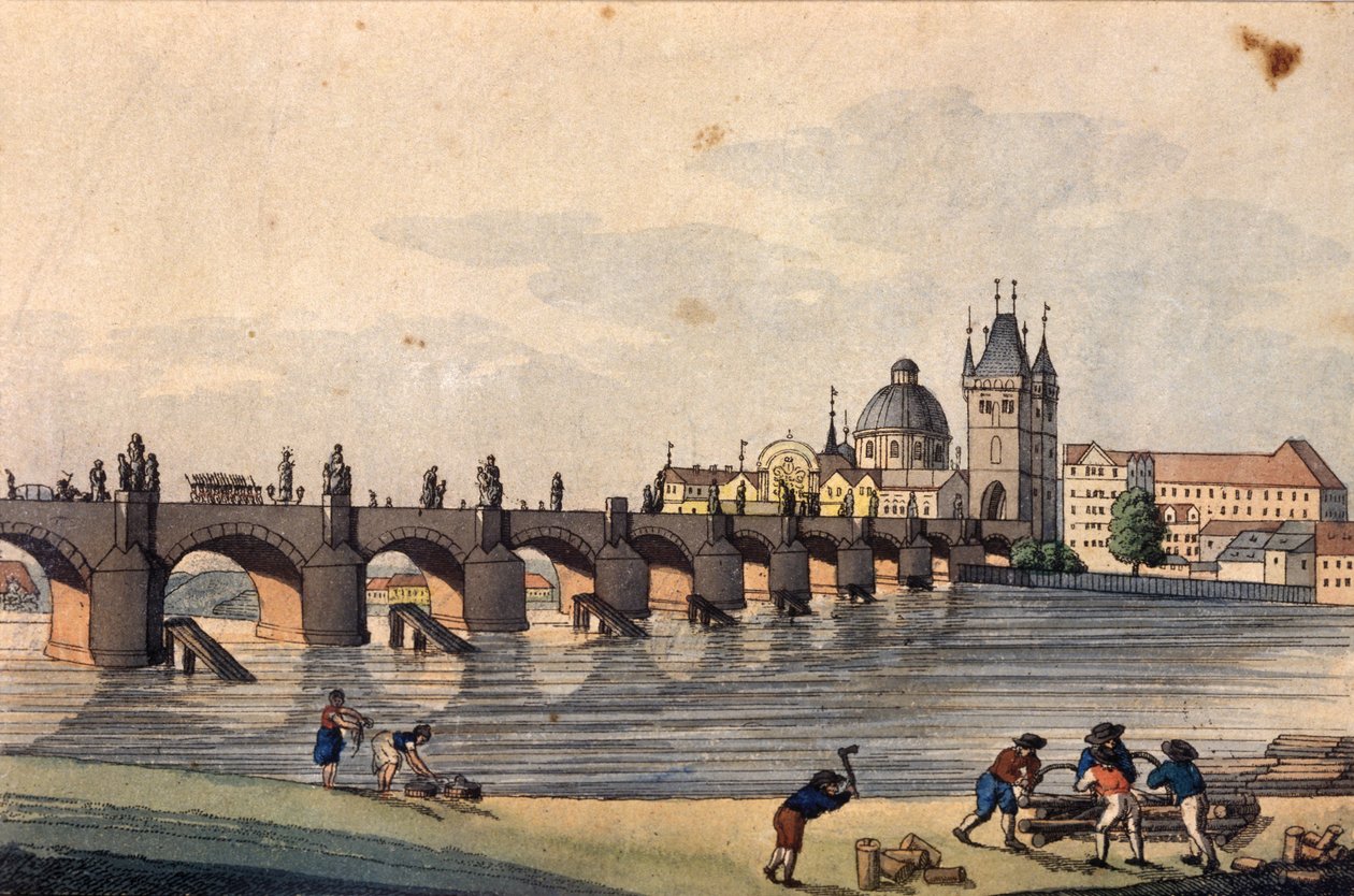 Kilátás a Károly-hídra a prágai Kampa-szigetről, 1810 körül (színes rézkarc) alkotó: A. and Berka, Johann Gustav
