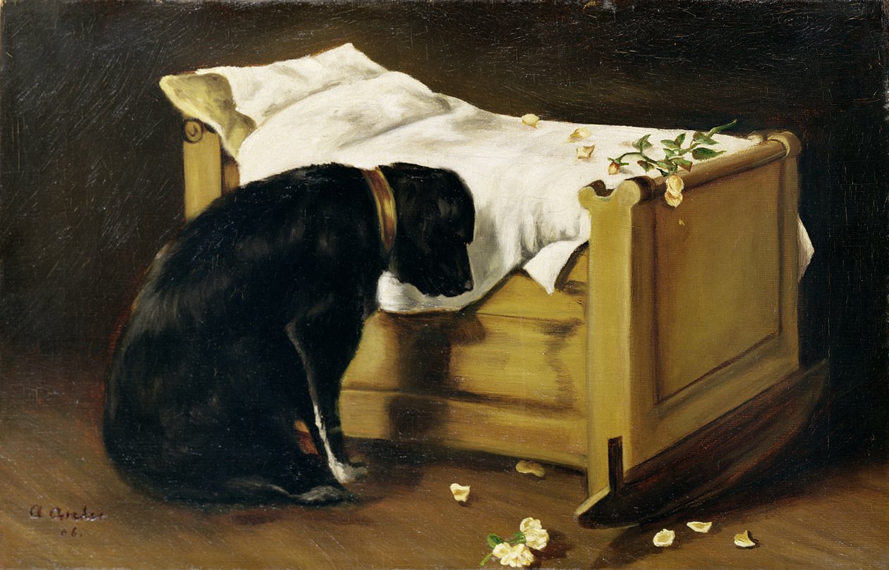 Kutya gyászolja kis gazdáját, 1866 alkotó: A. Archer