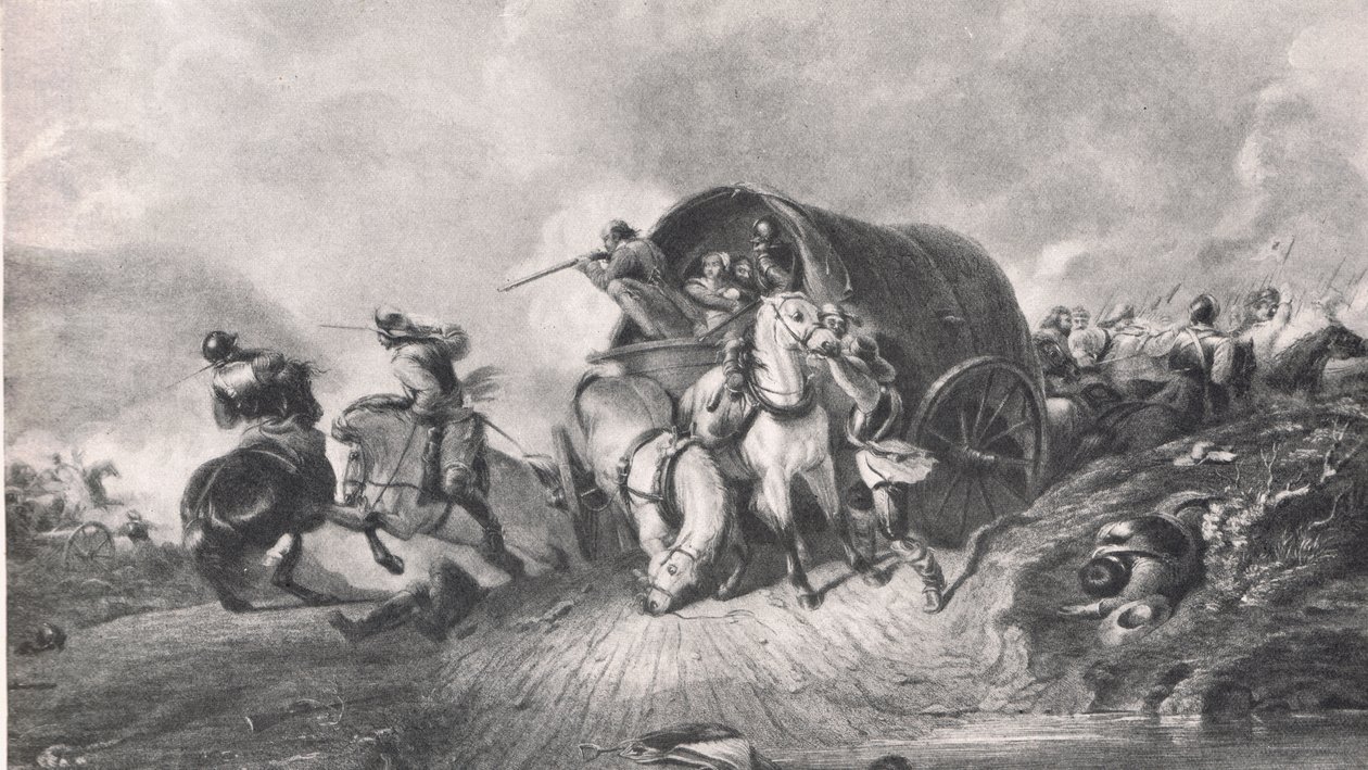 Támadás egy poggyászkocsi ellen: Incidens a Naseby-i csatában, illusztráció a „British Battles on szárazföldön és tengeren” című könyvből, kiadó: Cassell, London, 1910 körül alkotó: A. Copner
