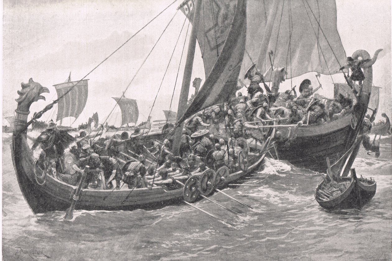 Britains First Naval Battle, illusztráció a British Battles on szárazföldön és tengeren, kiadó: Cassell, London, 1910 körül alkotó: A. Forrestier