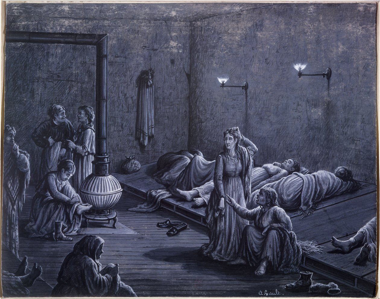 Szegény nők éjszakai menedékházának belseje, 1850-60 alkotó: A. Gault