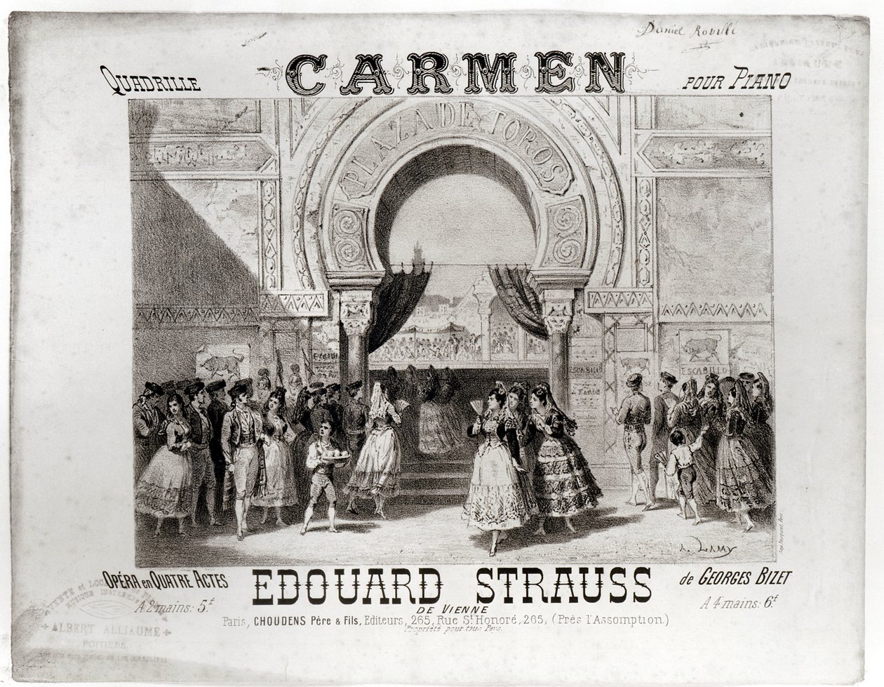 Borító: Edouard Strauss (1835-1916) Carmen című zongora quadrille kottájának, Georges Bizet (1838-75) operájának (1835-1916) alkotó: A. Lamy