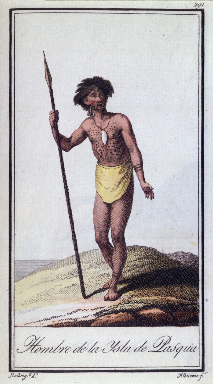 Egy férfi a húsvét-szigetről, metszett Albuerne, 1799 színes metszet alkotó: A. Rodriguez