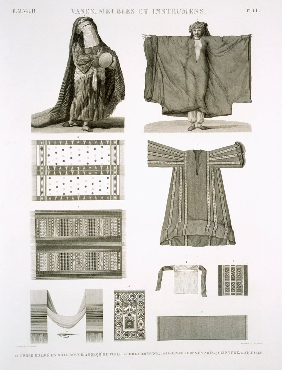 Példák selyem és egyiptomi jelmezekre, az Egyiptom leírásából, Jehotte és Texier metszete, kocsma. Napóleon parancsára, 1822 alkotó: A. and Balzac, C. Dutertre
