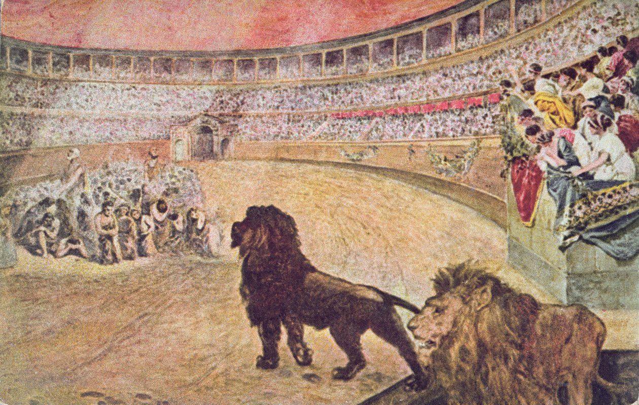 Keresztény vértanúkat ábrázoló képeslap a római arénában, 1910 körül alkotó: A. del Senno