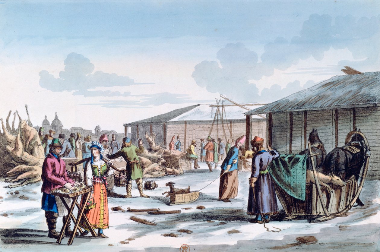 Húspiac télen, Oroszország, 1821 alkotó: AC Houbigaot