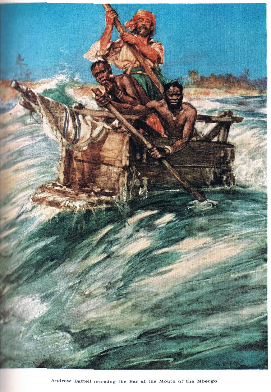 Battell megérkezik a Mbengo torkolatához, illusztrációja a Jack által 1921-ben kiadott „The Land of the Golden Trade”-ből. alkotó: A.D. McClintock