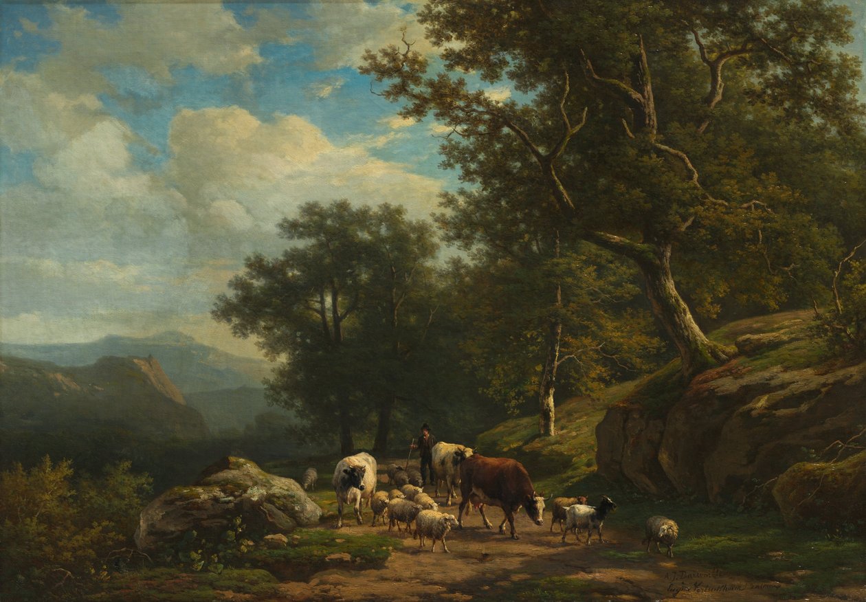 Tájkép parasztemberrel és nyájával, 1850-59 körül (olaj, szövet) alkotó: A.J. Daiwaille