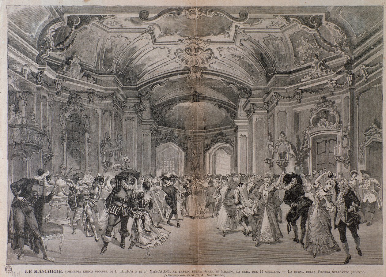 Illusztrációk Pietro Mascagni Le Maschere című operájához a milánói Teatro alla Scala előadásához alkotó: A. (after) Bonamore