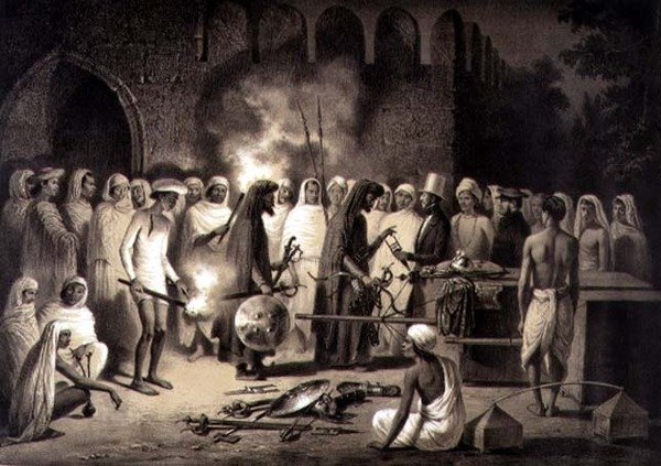 Fegyverek vásárlása Delhiben, 34. tábla a „Voyage in India”-ból, Louis Henri de Rudder (1807-81) pub metszetével. Párizsban alkotó: A. (after) Soltykoff
