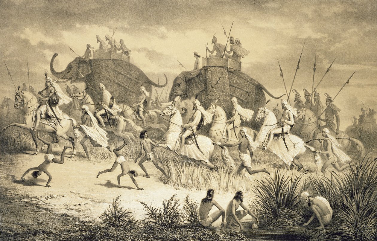 Szikh vezérek kavalkádja elefántokon, a „Voyage in India”-ból, Louis Henri de Rudder (1807-81) kocsmája metszetében. Londonban alkotó: A. (after) Soltykoff