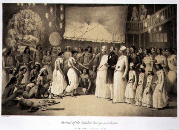 Dourga istennő fesztiválja Kalkuttában, a „Voyage in India” című filmből, Louis Henri de Rudder (1807-81) kocsmája metszetében. Londonban alkotó: A. (after) Soltykoff