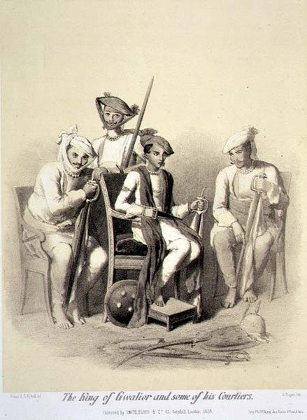 Gwalior királya és néhány udvaronca, a „Voyage in India”-ból, Jules Trayer (1824-1901) pub metszetében. Londonban alkotó: A. (after) Soltykoff