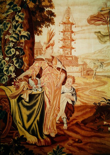 Ázsia, a világ négy sarkát ábrázoló gobelinről, figurák részlete balra, a pagoda előtt (194760-as részlet) alkotó: A. Baertams