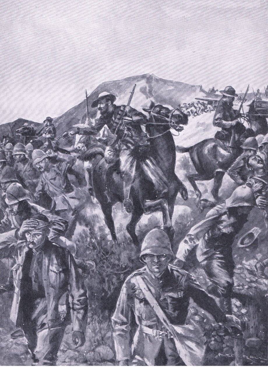 A brit foglyok képernyőként álltak közbe, miközben a búrok eltávolítottak egy haditengerészeti fegyvert a Harmsworth Bros Limited által 1901-ben kiadott After Pretoria: The Guerilla War című művéből. alkotó: A. C. Ball