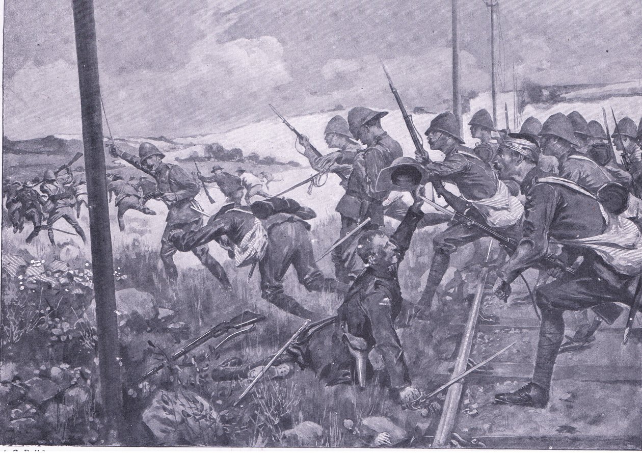 A skót fusilierek rohama Fredrikstadban, illusztráció az After Pretoria: A gerillaháborúból, 1902 alkotó: A. C. Ball