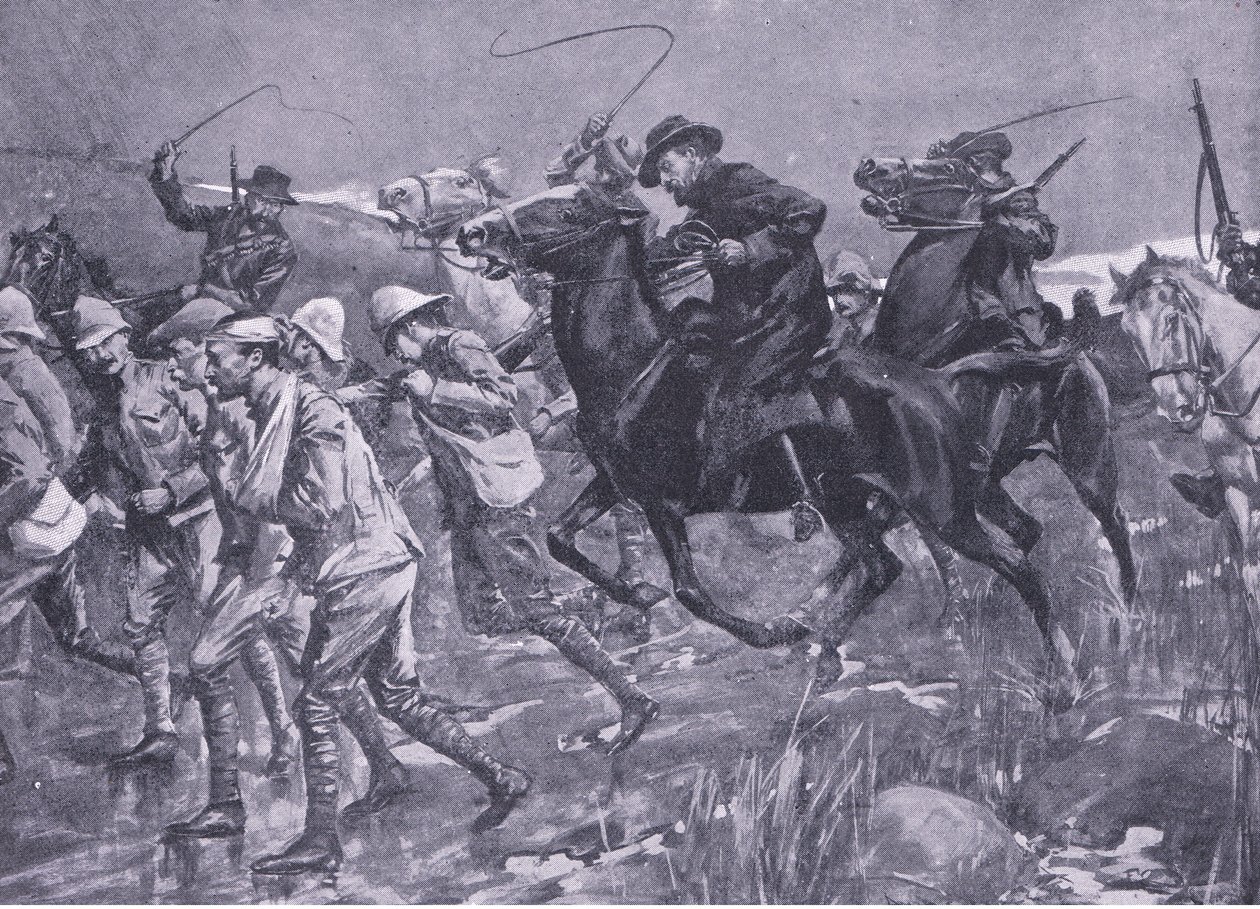 De Wets brit hadifoglyokkal való bánásmódja menet közben, illusztráció az After Pretoria: The Guerilla War, 1902-ből alkotó: A. C. Ball