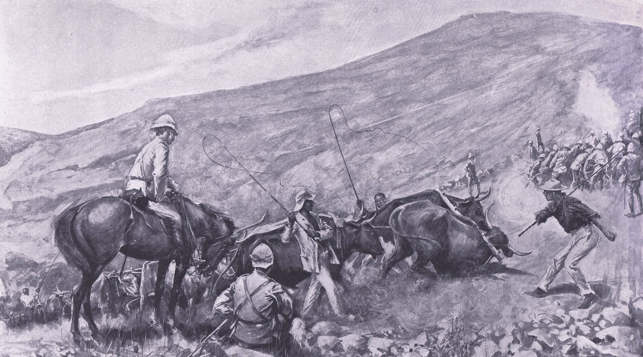 Szállítási nehézségek Barbertonnál: Hogyan kerültek fel a fegyverek és a kocsik a hegyekre, illusztráció az After Pretoria: The Guerilla War, 1902-ből alkotó: A. C. Ball