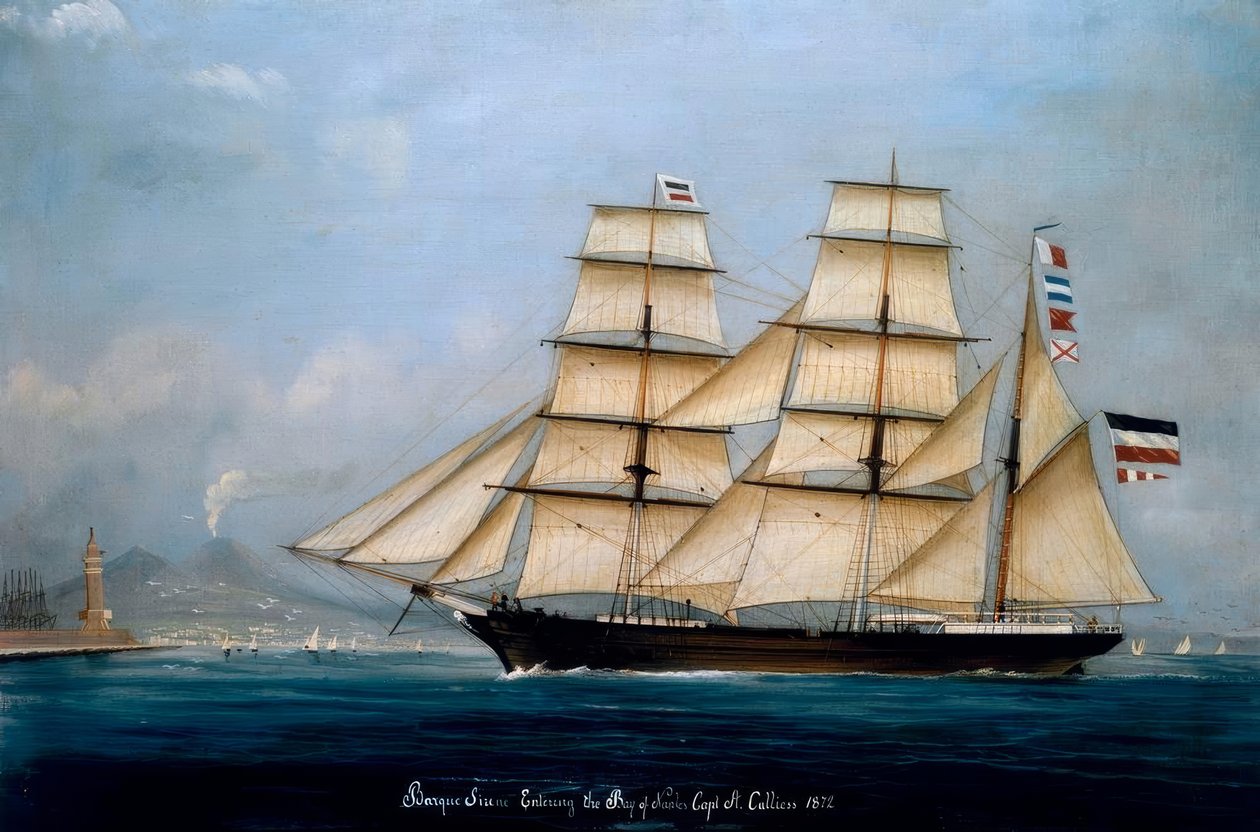 Barque Sirene belép a Nápolyi-öbölbe, A. Calliess kapitány alkotó: A. Calliess