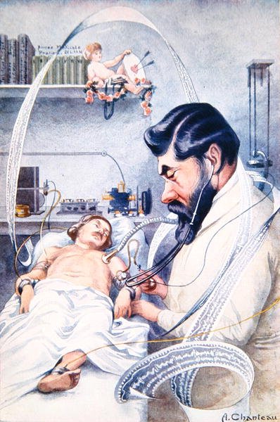Camille Lian professzor (1882-1969), aki egy pácienst vizsgál meg minden felszerelésével, a Chanteclairből, 1928. október (színes litó) alkotó: A. Chanteau