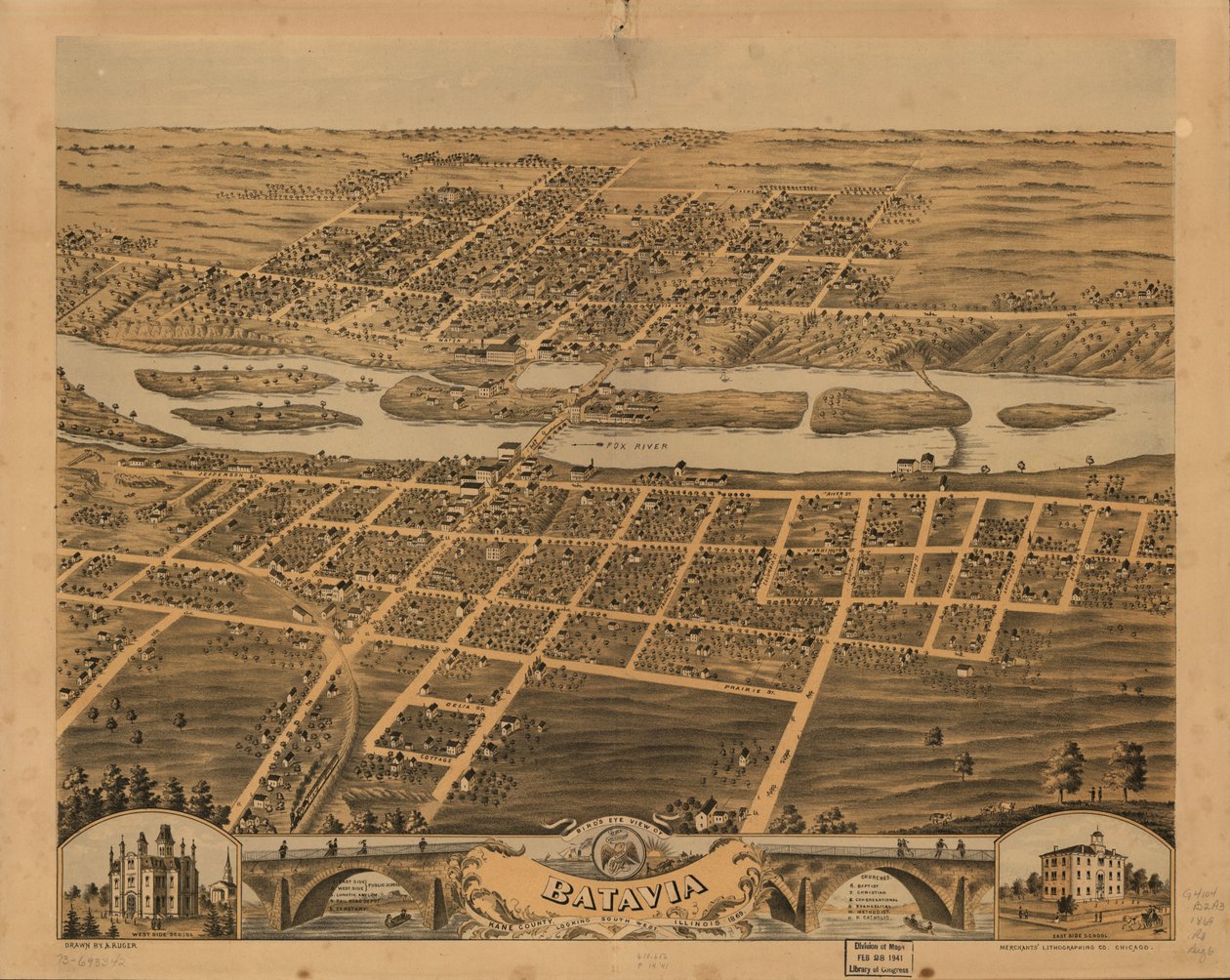 Batavia madártávlatból, Kane megye, Illinois, 1869. LOC 73693342 alkotó: A.; Chicago Lithographing Co. Ruger
