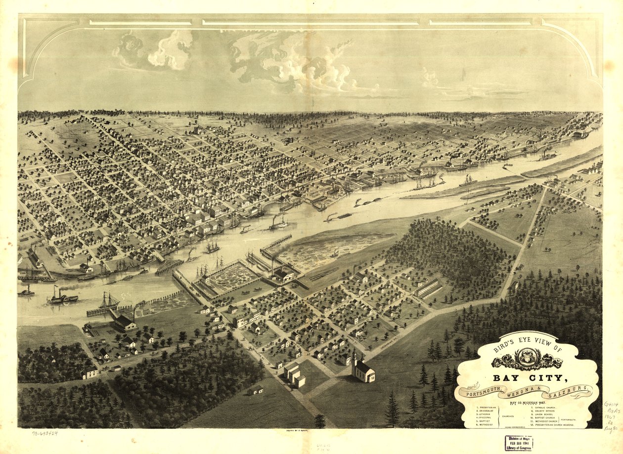 Bay City, Portsmouth, Wenona és Salzburg, Bay Co., Michigan 1867. LOC 73693424 alkotó: A.; Chicago Lithographing Co. Ruger