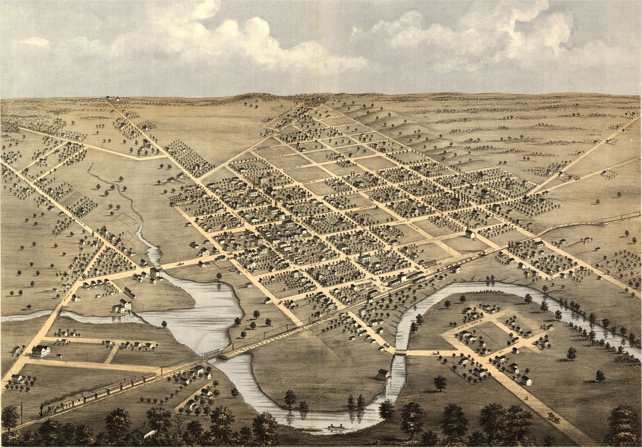 Columbus madártávlatból, Columbia Co., Wisconsin 1868. LOC 73694538 alkotó: A.; Chicago Lithographing Co. Ruger