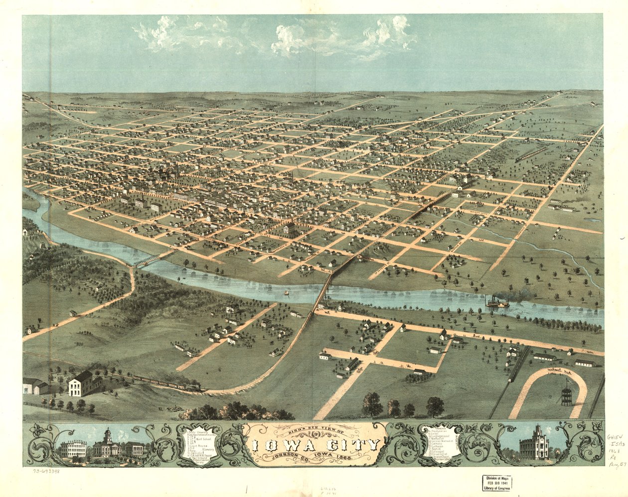 Iowa City madártávlatból, Johnson Co., Iowa 1868. LOC 73693398 alkotó: A.; Chicago Lithographing Co. Ruger